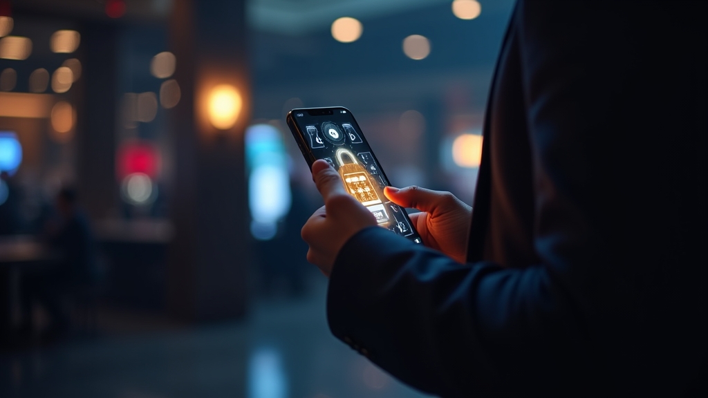 Pessoa a fazer login seguro no telemóvel num ambiente de casino escuro