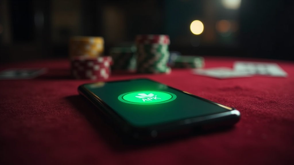 Smartphone com ecrã de download do APK num ambiente de casino escuro