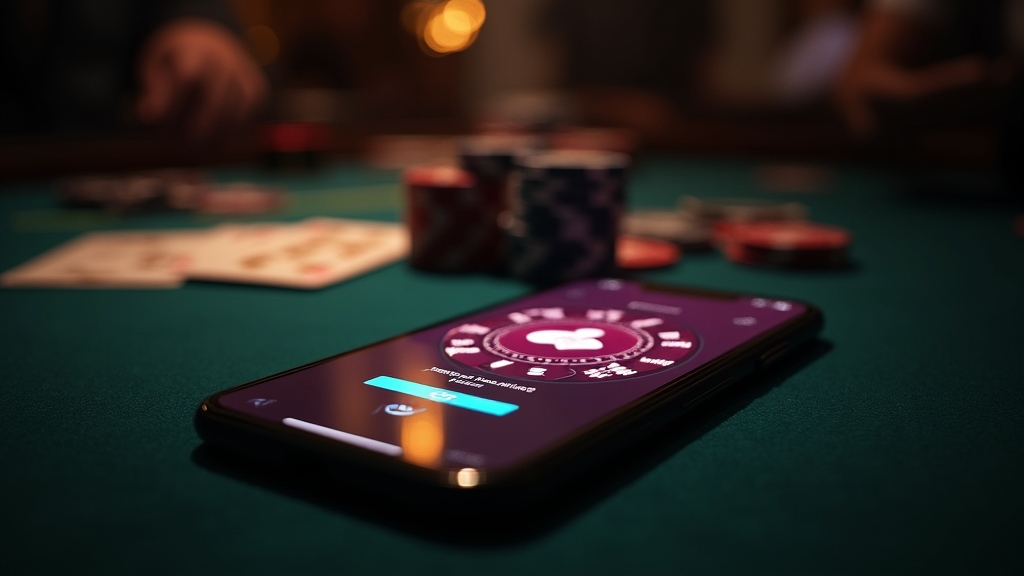 iPhone com ecrã de download em ambiente de casino escuro