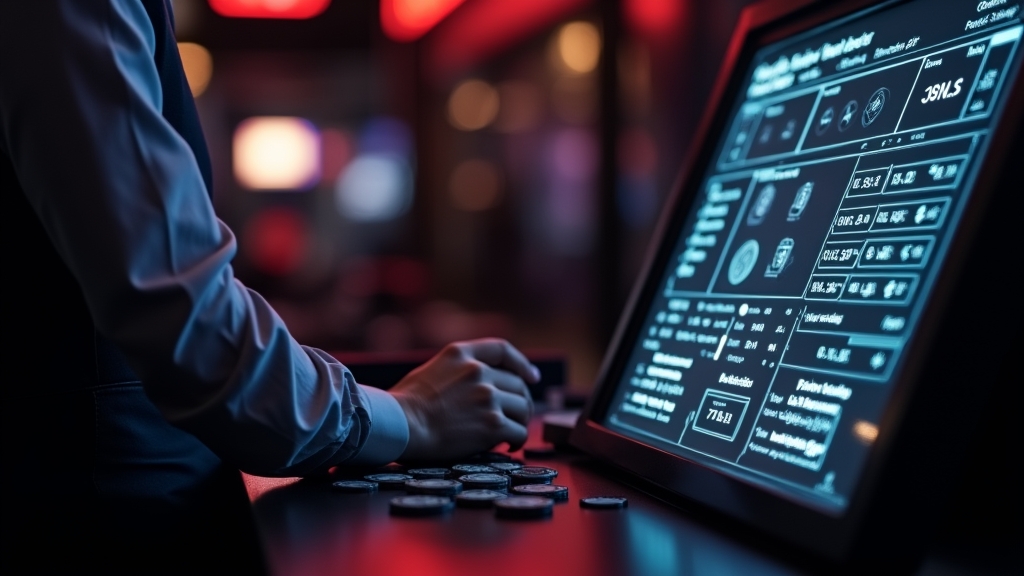 Jogador a rever o cashout numa área de pagamentos de casino escura e iluminada