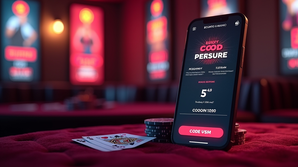 Telemóvel com código promocional num lounge de casino escuro